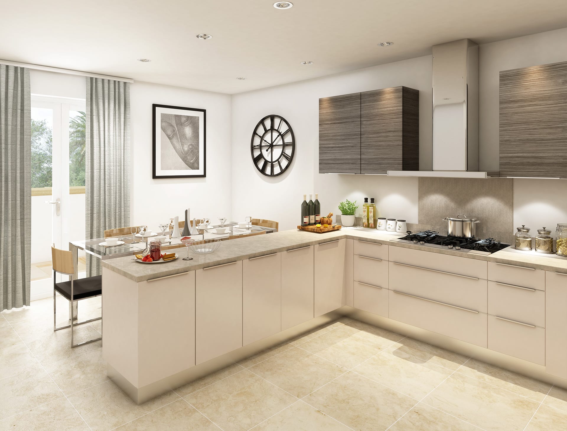 A modern, bespoke kitchen featuring a Topform square edge kitchen worktop